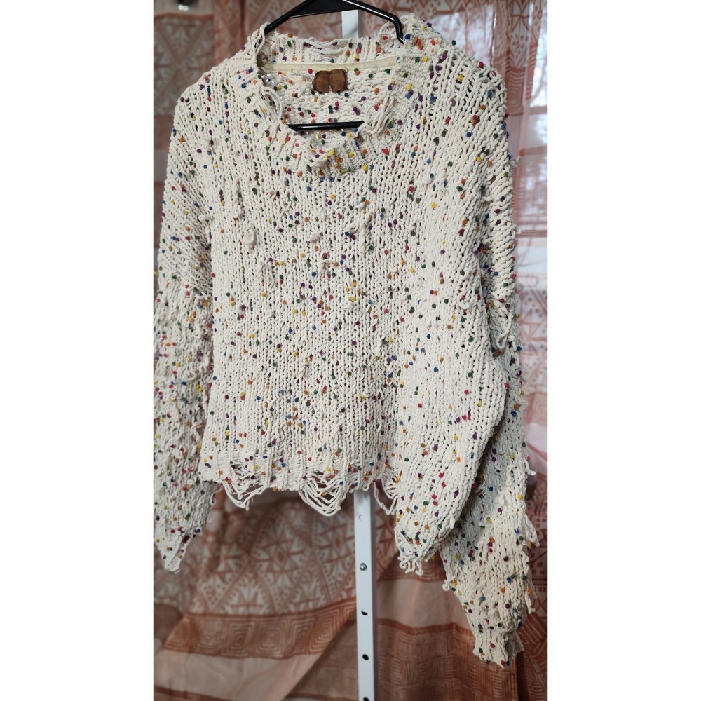 POL Distressed Open-Knit Colorful Pom Pom Ivory Cotton Pullover Sweater - Picture 1 of 4
